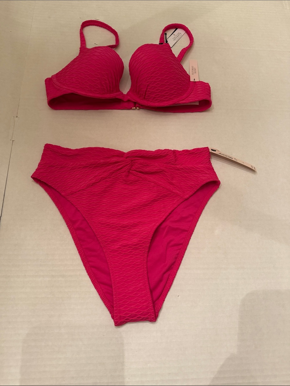 NWT top & bottom Victoria’s Secret Hot Pink Textured Suit 34C & Small bottoms